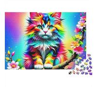 Chat Mignon 1000 pièces Puzzle Adultes Chat Arc-en-Ciel Assis Branche Fleur Défi Premium Épais Robuste Vibrant Anti-Stress Cadeau Déco Familial 38x26cm/1000pcs