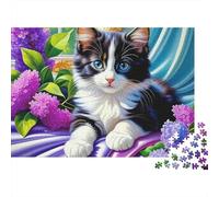 Chat Mignon 1000 pièces Puzzle Adultes Chat Tuxedo Repos Fleurs Lilas Violet Premium Épais Robuste Haute Qualité Vibrant Défi Difficile Anti-Stress Cadeau 38x26cm/1000pcs