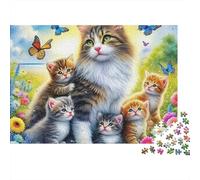 Chat Mignon 1000 pièces Puzzle Adultes Maman Chat et Chatons Jardin Fleurs Premium Haute Qualité Épais Robuste Vibrant Défi Difficile Anti-Stress Cadeau Familial 52x38cm/1000pcs