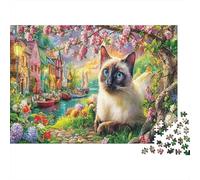Chat Mignon 1000 pièces Puzzle Chat Siamese dans Fleurs pour Adultes Carton épais Anti-Stress Jeu éducatif Excellente idée de Cadeau