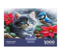 Chat Mignon, 1000pcs pour Adultes et Enfants Chaton et Oiseau Bleu, Poinsettias, Jeu éducatif, Puzzle décoratif pour la Maison, 70x50 cm/1000pcs
