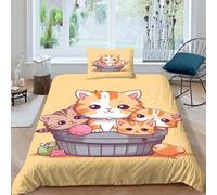 Chat Mignon 3 Pièces Parure De Lit,Microfibre Animal Mignon Housse De Couette 3D Printing Parure De Lit Housses De Couettes Et Taie d'oreiller，pour Garçons,Fille Single（135x200cm）