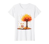 Chat Mignon avec café glacé dans Les Feuilles d'automne Amoureux des Chatons d'automne T-Shirt Graphique avec Valeur, Femme, Blanc, L
