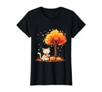 Chat Mignon avec café glacé dans Les Feuilles d'automne Amoureux des Chatons d'automne T-Shirt Graphique avec Valeur, Femme, Noir, M