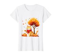 Chat Mignon avec café glacé Feuilles d'automne Amoureux des Chatons T-Shirt Graphique avec Valeur, Femme, Blanc, M