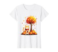 Chat Mignon avec café glacé Parmi Les Feuilles d'automne Chaton d'automne T-Shirt Graphique avec Valeur, Femme, Blanc, M