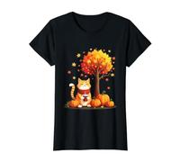 Chat Mignon avec café glacé Parmi Les Feuilles d'automne Chaton d'automne T-Shirt Graphique avec Valeur, Femme, Noir, L