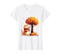Chat Mignon avec café glacé sous l'arbre d'automne Feuilles d'automne T-Shirt Graphique avec Valeur, Femme, Blanc, XL
