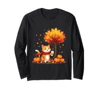 Chat Mignon avec café glacé sous l'arbre d'automne Hello Autumn Cat Manche Longue