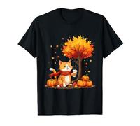 Chat Mignon avec café glacé sous l'arbre d'automne Hello Autumn Cat T-Shirt Graphique avec Valeur