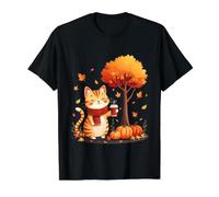 Chat Mignon avec café glacé sous l'arbre d'automne Hello Autumn Cat T-Shirt Graphique avec Valeur, Homme, Noir, M