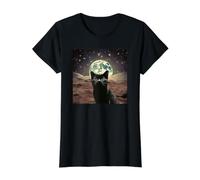 Chat Mignon dans l'espace Portrait Lune Fond T-Shirt Graphique avec Valeur, Femme, Noir, L