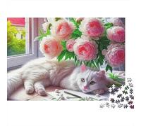 Chat Mignon Difficile 1000 pièces Puzzle Adultes Chats Blancs Repos Pivoines Roses Table Premium Épais Robuste Haute Qualité Vibrant Défi Anti-Stress 70x50cm/1000pcs