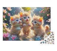 Chat Mignon Difficile 1000 pièces Puzzle Adultes Trois Chaton Flaque Printemps Premium Épais Robuste Haute Qualité Vibrant Défi Anti-Stress 70x50cm/1000pcs