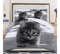 Chat Mignon Gris 3D Housse de Couette 240x260 cm Parure de Lit Adulte 1 Personnes avec Fermeture Éclair avec 2 Taies d'oreiller 65x65 cm Literie Douce en Microfibre