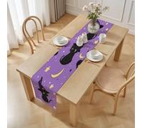 Chat Mignon Halloween Chemin de Table Lavable Facile d'entretien, Chapeau de Sorcière Ciel Étoilé Halloween Chemin de Table pour Décorations de Table Armoires Dîner Cuisine Fête Mariage 30 x 100 cm