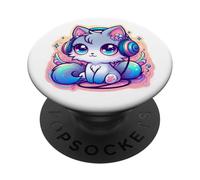 Chat Mignon Kawaii Chill Musique Anime Neko Bleu Rose Fun PopSockets PopGrip Adhésif