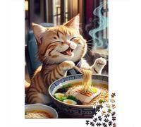 Chat Mignon Mangeant des Nouilles Puzzle 1000 Pièces Papier pour Adultes Scène gourmande Puzzle pour Famille Relaxation Décor Cadeau 70x50cm/1000pcs