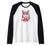 Chat Mignon Mangeant des Ramen Style Anime Kawaii Manche Raglan