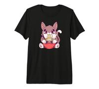 Chat Mignon Mangeant des Ramen Style Anime Kawaii T-Shirt Haut de Gamme