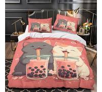 Chat mignon qui boit Impression 3D 3 pièces housse de courtepointe style dessin animé kawaii housse de couette microfibre respirant anti-acariens pour bébés adolescents adultes Double（200x200cm）