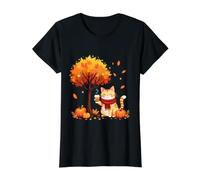 Chat Mignon Tenant du café glacé sous l'arbre d'automne Feuille de Chat T-Shirt Graphique avec Valeur, Femme, Noir, XS