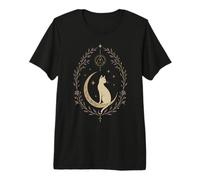 Chat Mystique Celestial Moon Boho Floral Sorcière Féline T-Shirt Haut de Gamme