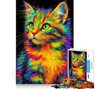 Chat néon ︰ Puzzle aux Yeux Vert électrique pour Adultes 1000 pièces Jeu de logique et de Stimulation Cognitive Soulagement de l'anxiété Découpe précise Cadeau élégant (38x52cm)