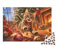 Chat Noël Cheminée Puzzle, 1000 Pcs pour Adultes Haute Qualité | 70x50cm Carton, Exercice Mental, Cadeau D'anniversaire, Amélioration De La Concentration, Finition Lisse