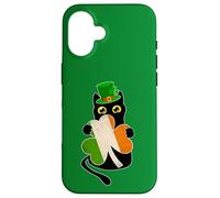 Chat Noir Amusant Tenant Un trèfle Irlandais pour la Saint-Patrick Coque pour iPhone 16