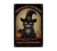 Chat Noir Au Chapeau De Sorcière Halloween, Quand Le Chat Noir Rôde, Bonne Chance Pour Halloween Affiche Étain Drôle Métallique Panneau Rétro Métal Tôle Signe Pour Garage Maison Hôtels