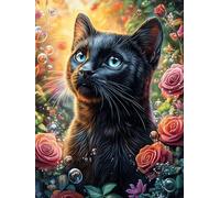 Chat noir avec des roses 300 Pieces Casse-tête Personne Âgée En Carton Rigide Sans Déformation Conte de fées mignon d'accompagnement Facile Débutant Thérapie Occupationnelle Anti-Stress Petit Prix 300