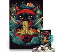Chat Noir avec Un Bandana Rouge appréciant de Manger des Nouilles Ramen Puzzle pour Adolescents 1000 pièces défi éducatif Jeu de défi Unique 38x26cm