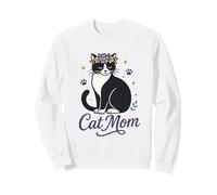 Chat Noir Blanc Couronne Fleurie Maman Féline Cat Mom Sweatshirt