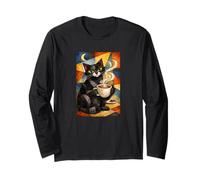 Chat Noir Boire Café Insomnie Abstrait Lune Manche Longue