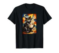 Chat Noir Boire Café Insomnie Abstrait Lune T-Shirt