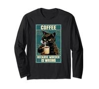 Chat noir buvant du café parce que le meurtre est mauvais Manche Longue
