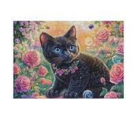 Chat Noir Champ de Fleurs 300 Pièces Puzzle Collectionneur en Carton Haute Densité Épais Haute Difficulté Décoration Murale Oeuvre d'art Cadeau Noël Premium 300 PCS