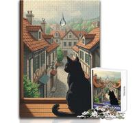Chat Noir contemplant Une Ville pluvieuse - Puzzle de 1000 pièces - Jeu d'apprentissage pour développer sa dextérité pour des Moments de Joie - Dimensions:50x75cm