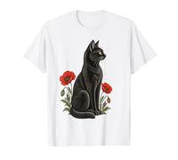 Chat Noir Coquelicot Rouge Vintage botanique félin Art T-Shirt Graphique avec Valeur