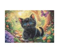 Chat Noir dans Le Champ de Fleurs 1000 Pieces Casse-tête Amateur d'art en Carton Haute Qualité Difficile Niveau Expert Décoration Murale Cadeau Fête des Mères Haute Qualité 1000 PCS