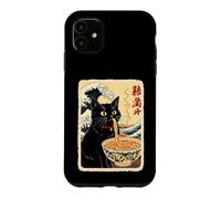 Chat Noir drôle Mangeant des Nouilles avec Fond de Vagues Coque pour iPhone 11