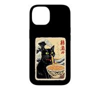Chat Noir drôle Mangeant des Nouilles avec Fond de Vagues Coque pour iPhone 14