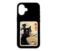 Chat Noir drôle Mangeant des Nouilles avec Fond de Vagues Coque pour iPhone 16