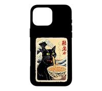 Chat Noir drôle Mangeant des Nouilles avec Fond de Vagues Coque pour iPhone 16 Pro Max