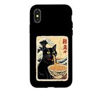Chat Noir drôle Mangeant des Nouilles avec Fond de Vagues Coque pour iPhone X/XS