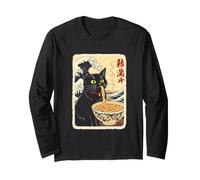 Chat Noir drôle Mangeant des Nouilles avec Fond de Vagues Manche Longue