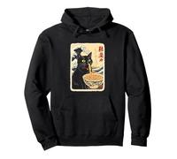 Chat Noir drôle Mangeant des Nouilles avec Fond de Vagues Sweat à Capuche