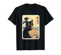 Chat Noir drôle Mangeant des Nouilles avec Fond de Vagues T-Shirt