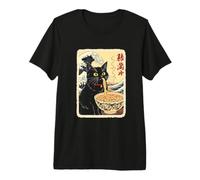 Chat Noir drôle Mangeant des Nouilles avec Fond de Vagues T-Shirt Haut de Gamme